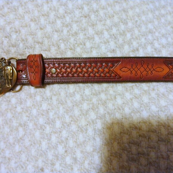 Silver Creek Basket-Weave Leather Belt Sz 50 w/ Jack Daniel’s Brass Buckle - Picture 3 of 12